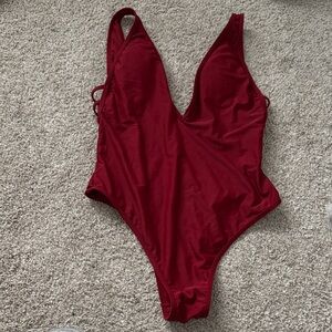 Express dark burgundy blood Red One-Piece plunge v neck strappy Swimsuit XL